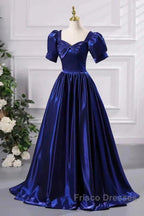 Wholesale Blue Satin Floor Length Formal Prom Dress A-Line Short Sleeve Backless Evening Party Dress