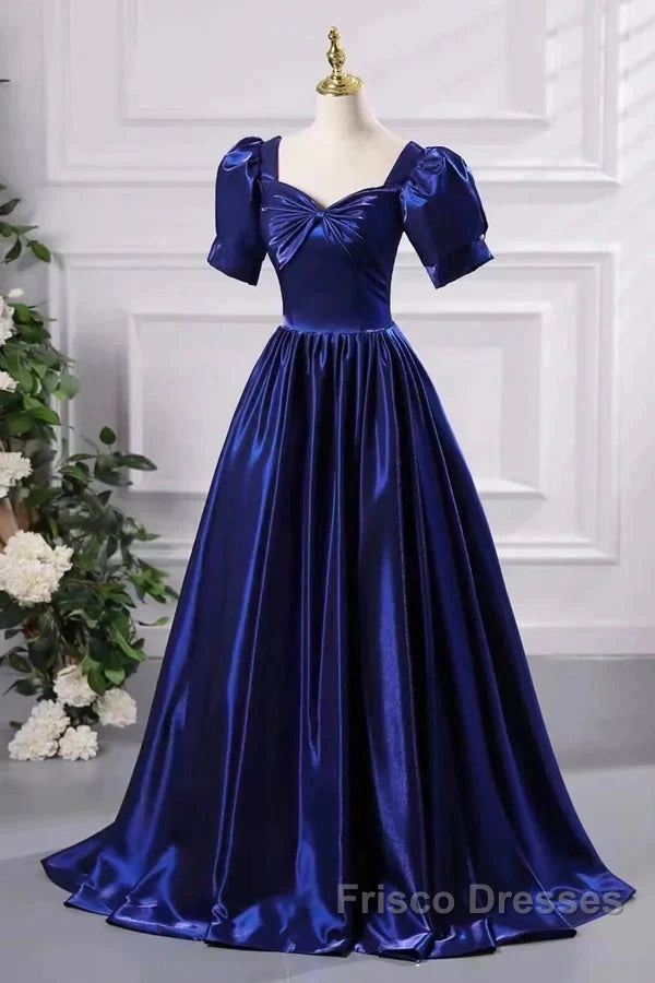 Wholesale Blue Satin Floor Length Formal Prom Dress A-Line Short Sleeve Backless Evening Party Dress