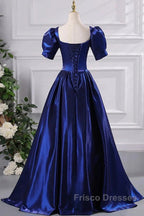 Wholesale Blue Satin Floor Length Formal Prom Dress A-Line Short Sleeve Backless Evening Party Dress