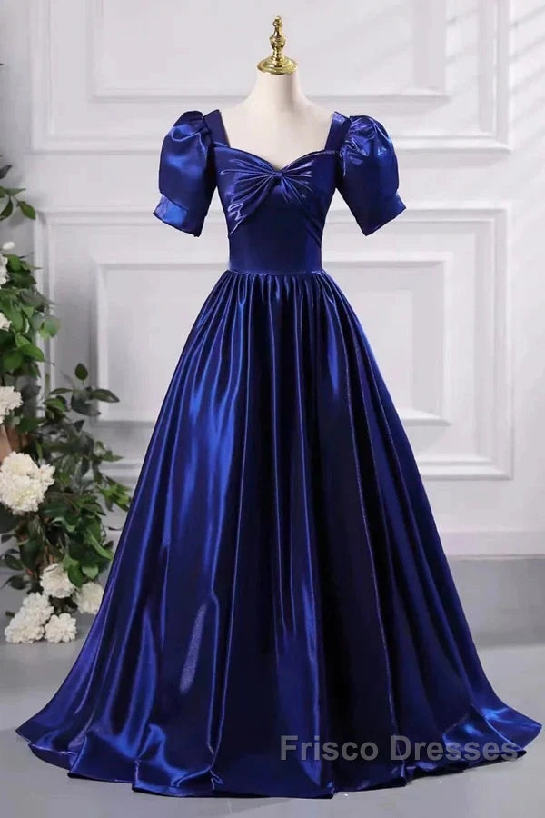 Wholesale Blue Satin Floor Length Formal Prom Dress A-Line Short Sleeve Backless Evening Party Dress