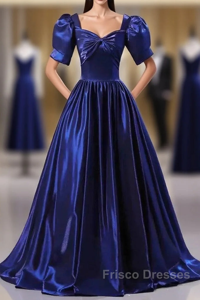 Wholesale Blue Satin Floor Length Formal Prom Dress A-Line Short Sleeve Backless Evening Party Dress Main image
