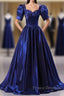 Wholesale Blue Satin Floor Length Formal Prom Dress A-Line Short Sleeve Backless Evening Party Dress