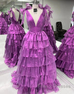 Wholesale Dark Purple Princess A-Line Deep V-Neck Long Tiered Formal Prom Party Dress Formal Prom Clothing
