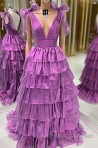Wholesale Dark Purple Princess A-Line Deep V-Neck Long Tiered Formal Prom Party Dress Formal Prom Clothing