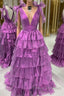 Wholesale Dark Purple Princess A-Line Deep V-Neck Long Tiered Formal Prom Party Dress Formal Prom Clothing