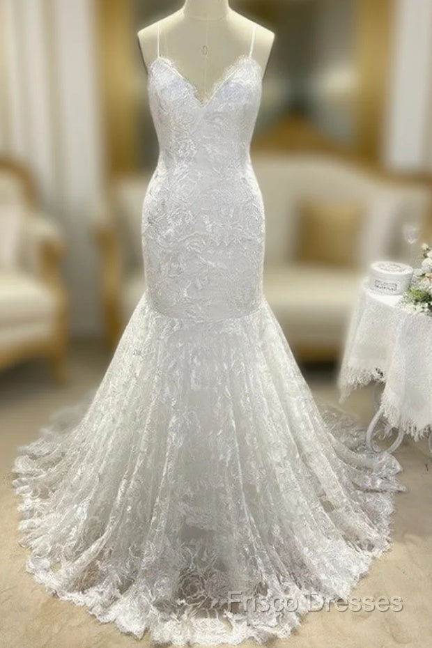 Wholesale Trumpet/Mermaid V-Neck Sleeveless Lace Applique Sweep/Brush Train Wedding Dress Main image