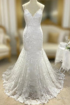 Wholesale Trumpet/Mermaid V-Neck Sleeveless Lace Applique Sweep/Brush Train Wedding Dress
