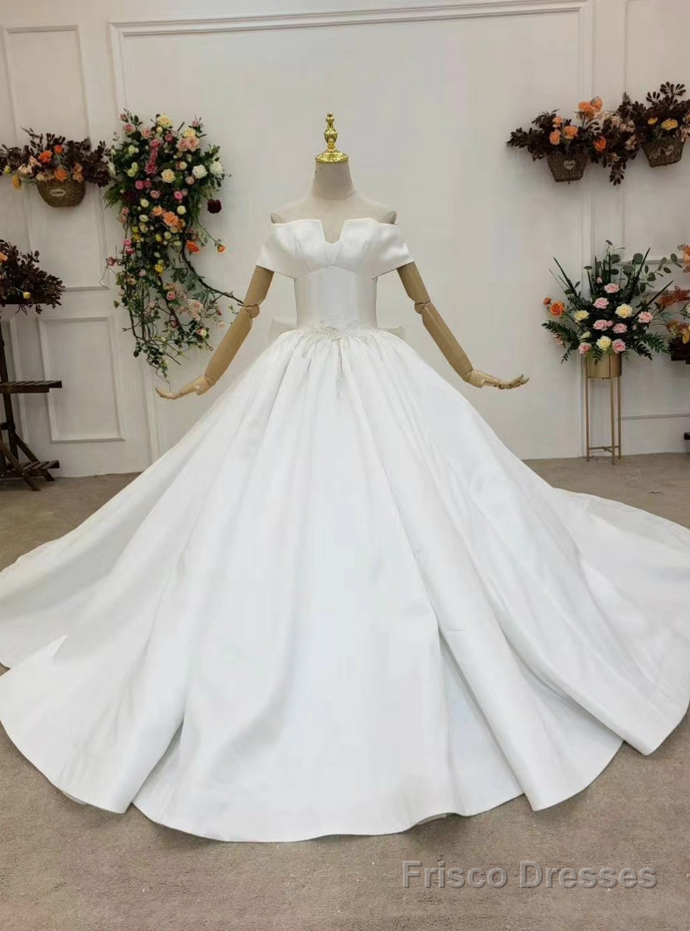 Will Be Available For Purchase White Ball Gown Satin Off the Shoulder Beading Wedding Dress Main image