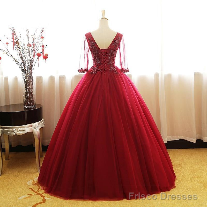 Wine Red 1/2 Sleeves Tulle Formal Gown ,Long Party Dress Secondary image
