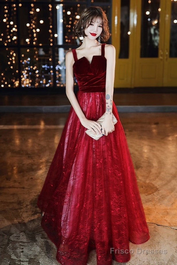 Wine Red A-Line Floor Length Velvet And Tulle Straps  Evening Dress Prom Dress Main image