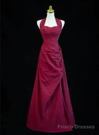 Wine Red A-Line Halter Vintage Style Prom Dress, Wine Red Long Evening Dress