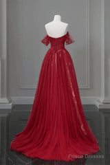 Wine Red A-Line Tulle Sweetheart Floor Length Party Dress, Wine Red Tulle Prom Dress