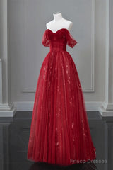 Wine Red A-Line Tulle Sweetheart Floor Length Party Dress, Wine Red Tulle Prom Dress