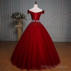 Wine Red Ball Gown Off Shoulder Beaded Party Dress, Tulle Off Shoulder Prom Dress
