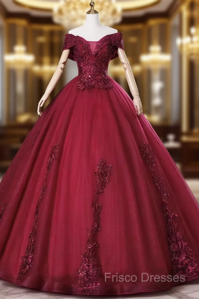 Wine Red Ball Gown Sweetheart Off Shoulder Long Party Dress, Wine Red Sweet 16 Dress Main image