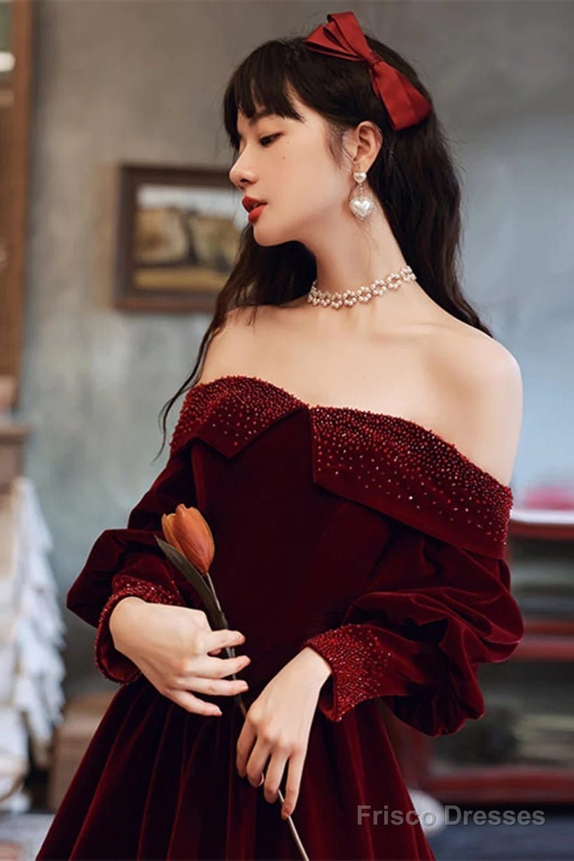 Wine Red Beaded Puffy Sleeves Long Formal Dress, Wine Red Velvet A-Line Party Dress Secondary image