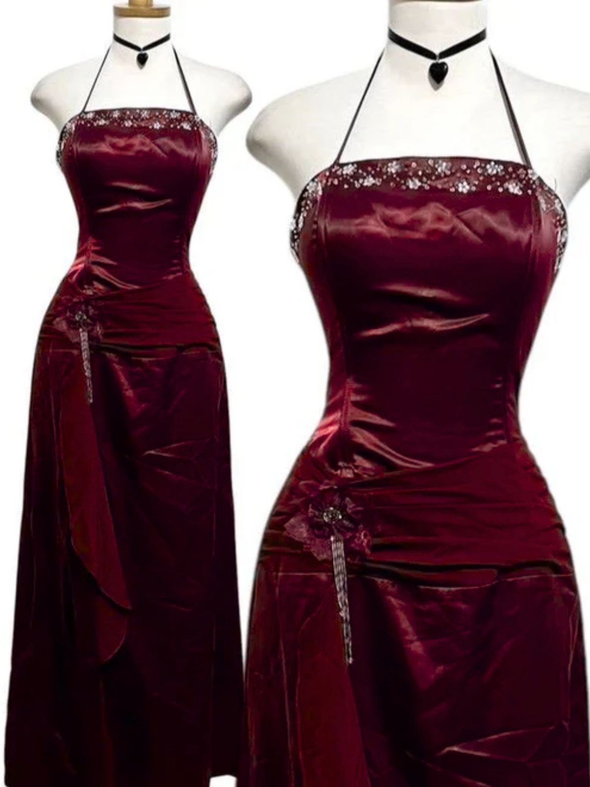 Wine Red Beaded Scoop Halter Satin Long Prom Dress, Wine Red Satin Evening Formal Dress Main image