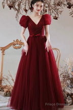 Wine Red Beaded Short Sleeves Tulle Party Dress, Wine Red A-Line Long Prom Dress