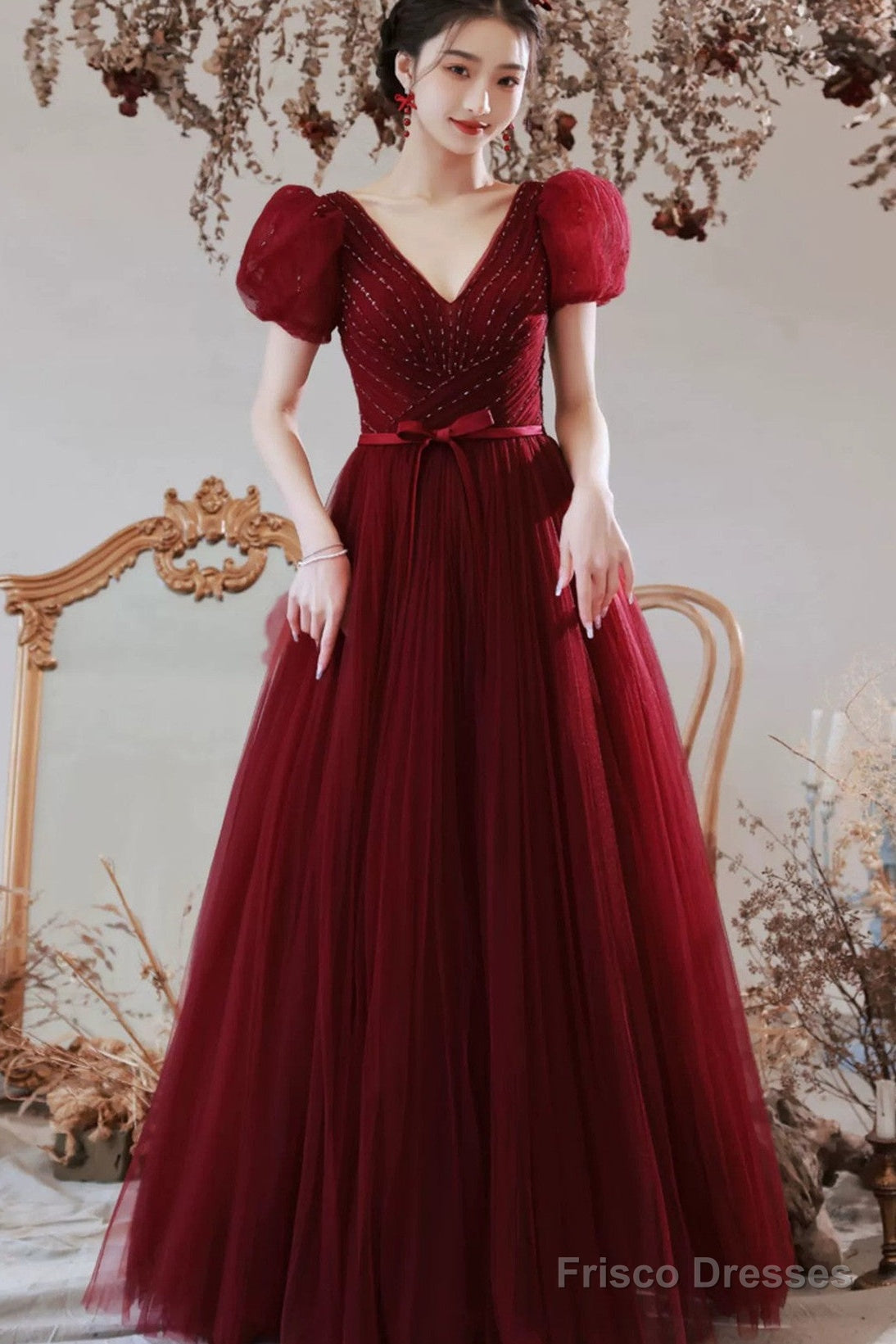Wine Red Beaded Short Sleeves Tulle Party Dress, Wine Red A-Line Long Prom Dress