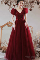 Wine Red Beaded Short Sleeves Tulle Party Dress, Wine Red A-Line Long Prom Dress
