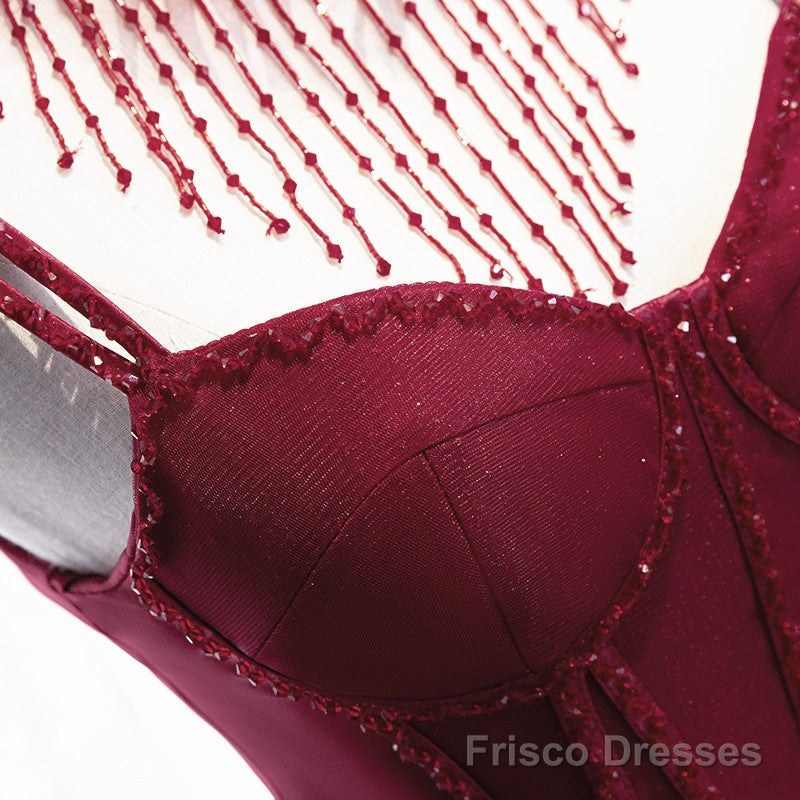 Wine Red Beaded Straps Party Dress Prom Dress, Beaded Tulle Formal Dress