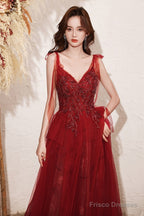 Wine Red Beaded Straps V-Neckline Floor Length Party Dress, Wine Red Long Prom Dress