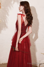 Wine Red Beaded Straps V-Neckline Floor Length Party Dress, Wine Red Long Prom Dress