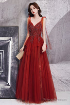 Wine Red Beaded Straps V-Neckline Floor Length Party Dress, Wine Red Long Prom Dress