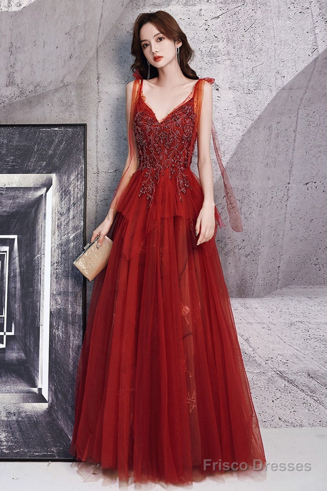 Wine Red Beaded Straps V-Neckline Floor Length Party Dress, Wine Red Long Prom Dress
