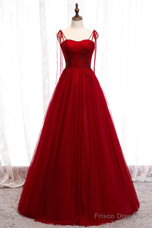 Wine Red Beaded Sweetheart Tulle Floor Length Party Dress, Wine Red Long Prom Dress Secondary image