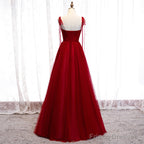 Wine Red Beaded Sweetheart Tulle Floor Length Party Dress, Wine Red Long Prom Dress