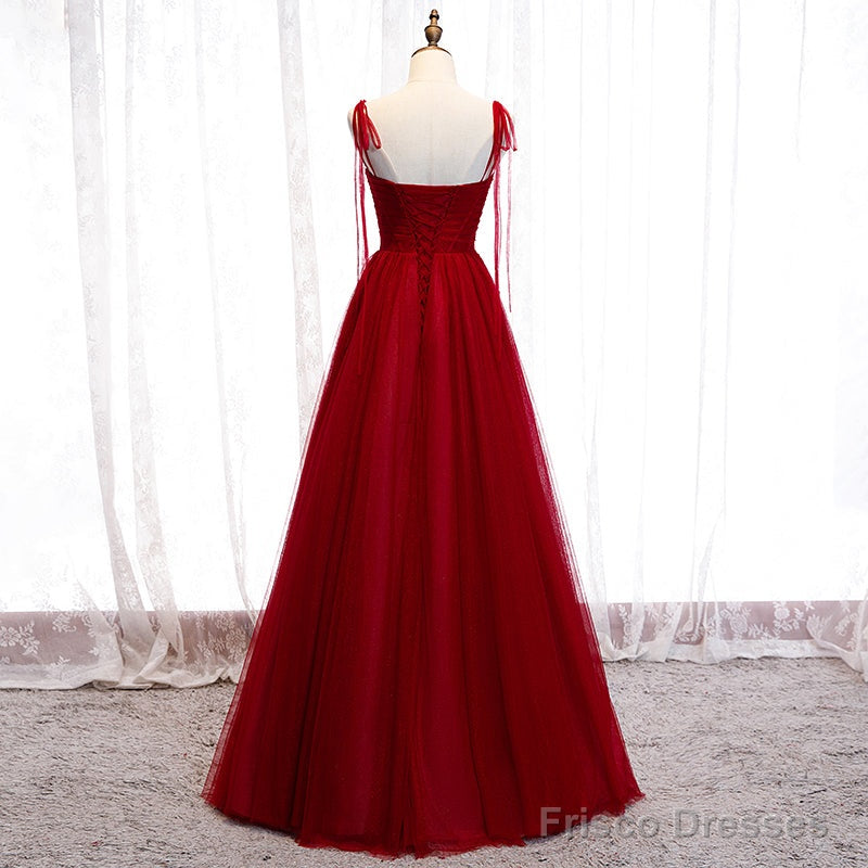 Wine Red Beaded Sweetheart Tulle Floor Length Party Dress, Wine Red Long Prom Dress