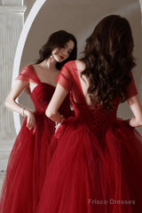 Wine Red Beaded Sweetheart Tulle Long Evening Dress, Wine Red Formal Dress Prom Dress