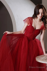 Wine Red Beaded Sweetheart Tulle Long Evening Dress, Wine Red Formal Dress Prom Dress
