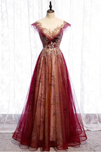 Wine Red Cap Sleeves Tulle with Lace Applique Party Dress, Wine Red Evening Dress Prom Dress