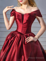 Wine Red Chic Off Shoulder Satin Party Dress, Wine Red Satin Long Prom Dress
