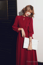 Wine Red Chiffon Long Sleeves Formal Dress, Wine Red Long Prom Dress