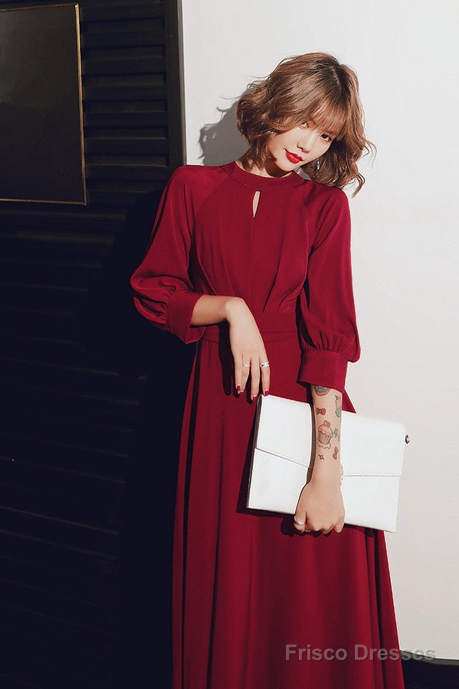 Wine Red Chiffon Long Sleeves Formal Dress, Wine Red Long Prom Dress