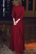 Wine Red Chiffon Long Sleeves Formal Dress, Wine Red Long Prom Dress