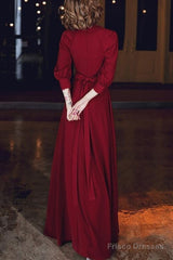 Wine Red Chiffon Long Sleeves Formal Dress, Wine Red Long Prom Dress