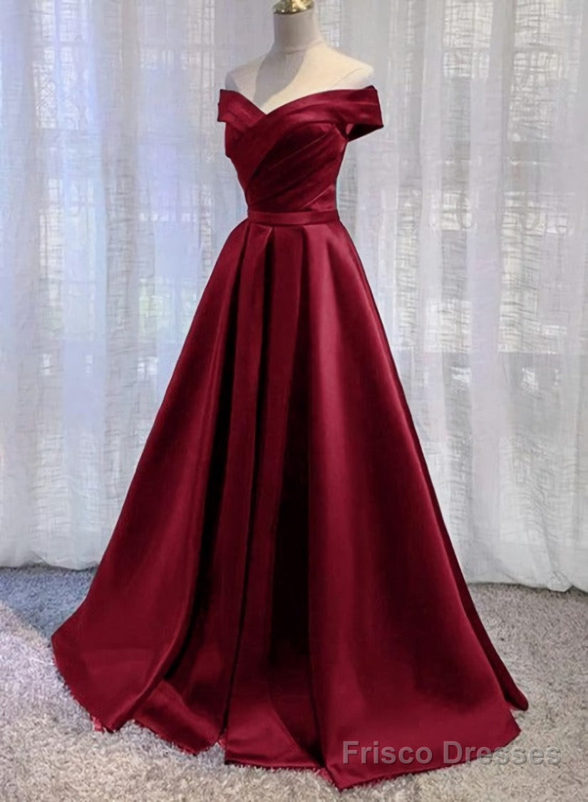 Wine Red Floor Length Off Shoulder Wedding Party Dress, Dark Red Prom Dress Secondary image