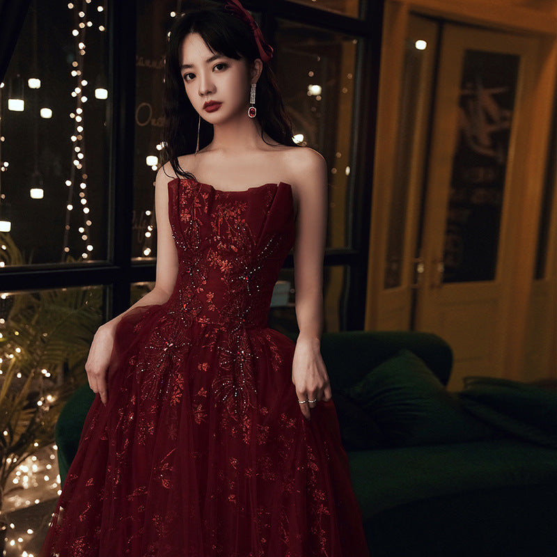 Wine Red Floral Lace And Tulle Long Evening Gown Party Dress, Burgundy Formal Dresses 2026 Secondary image