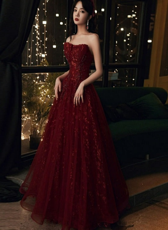Wine Red Floral Lace And Tulle Long Evening Gown Party Dress, Burgundy Formal Dresses 2026 Main image