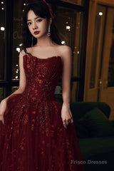 Wine Red Floral Lace And Tulle Long Evening Gown Party Dress, Burgundy Formal Dresses