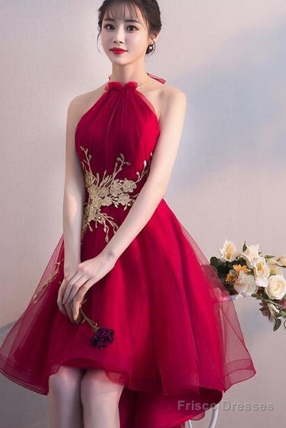 Wine Red Halter High Low Stylish Homecoming Dresses, Red Formal Dress, Pretty Party Dress Secondary image