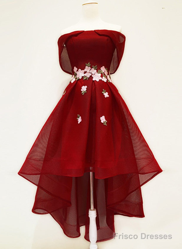 Wine Red High Low Off Shoulder Homecoming Dress, Dark Red Prom Dress