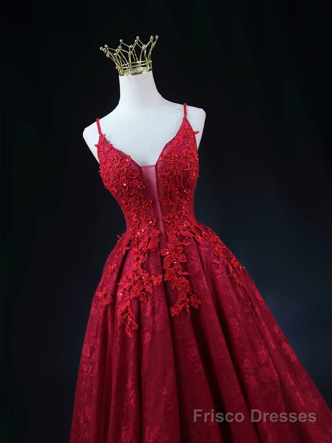 Wine Red Lace Applique Straps V-neckline Party Dress, Floor Length Wine Red Prom Dress Secondary image