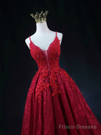 Wine Red Lace Applique Straps V-neckline Party Dress, Floor Length Wine Red Prom Dress
