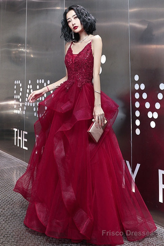 Wine Red Lace Applique V-Neckline Long Straps Formal Dress, Dark Red Prom Dresses Secondary image