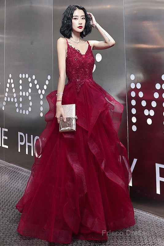 Wine Red Lace Applique V-Neckline Long Straps Formal Dress, Dark Red Prom Dresses